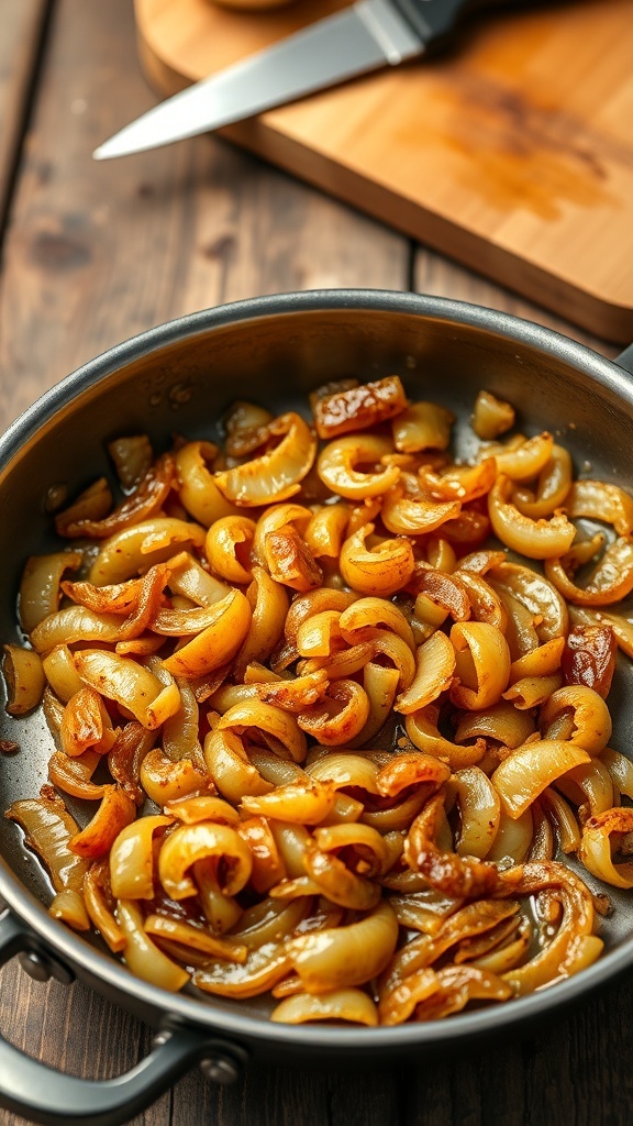 A skillet of sautéed onions, caramelized to a golden brown, on a rustic wooden table.